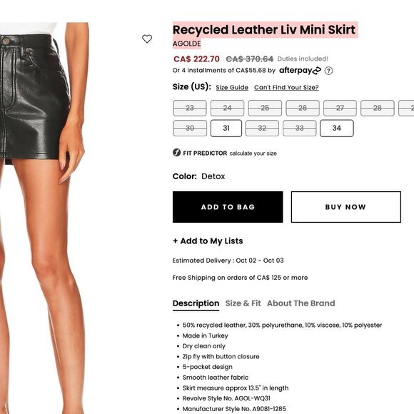 BNWT Leather Liv Mini Skirt AGOLDE - Picture 2 of 4